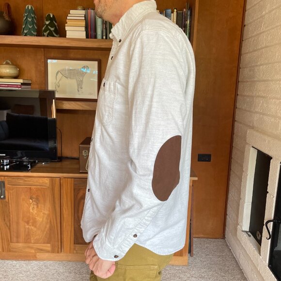 J Crew Shirt Men Large Light Gray Flannel Leather Elbow Patches - Picture 3 of 8